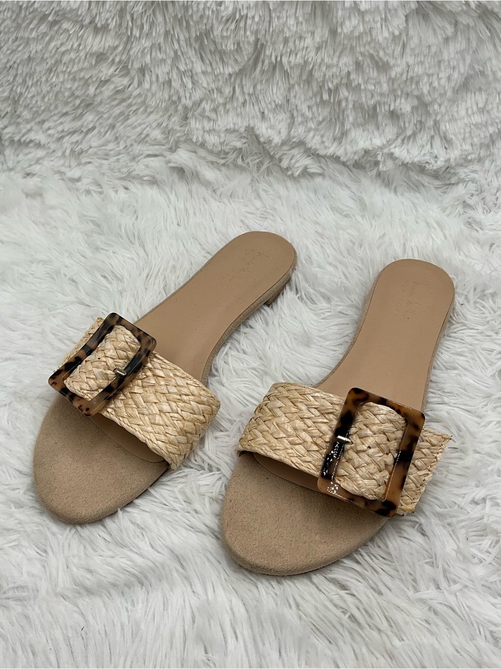 Nicole Miller NY Slide Sandals Size 11 Beige Raffia Woven Tortoiseshell Buckle